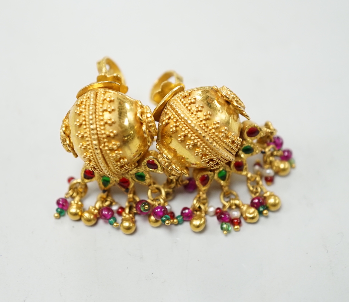 A pair of Indian yellow metal, enamel and tassel drop earrings, 33mm, gross weight 19.1 grams.